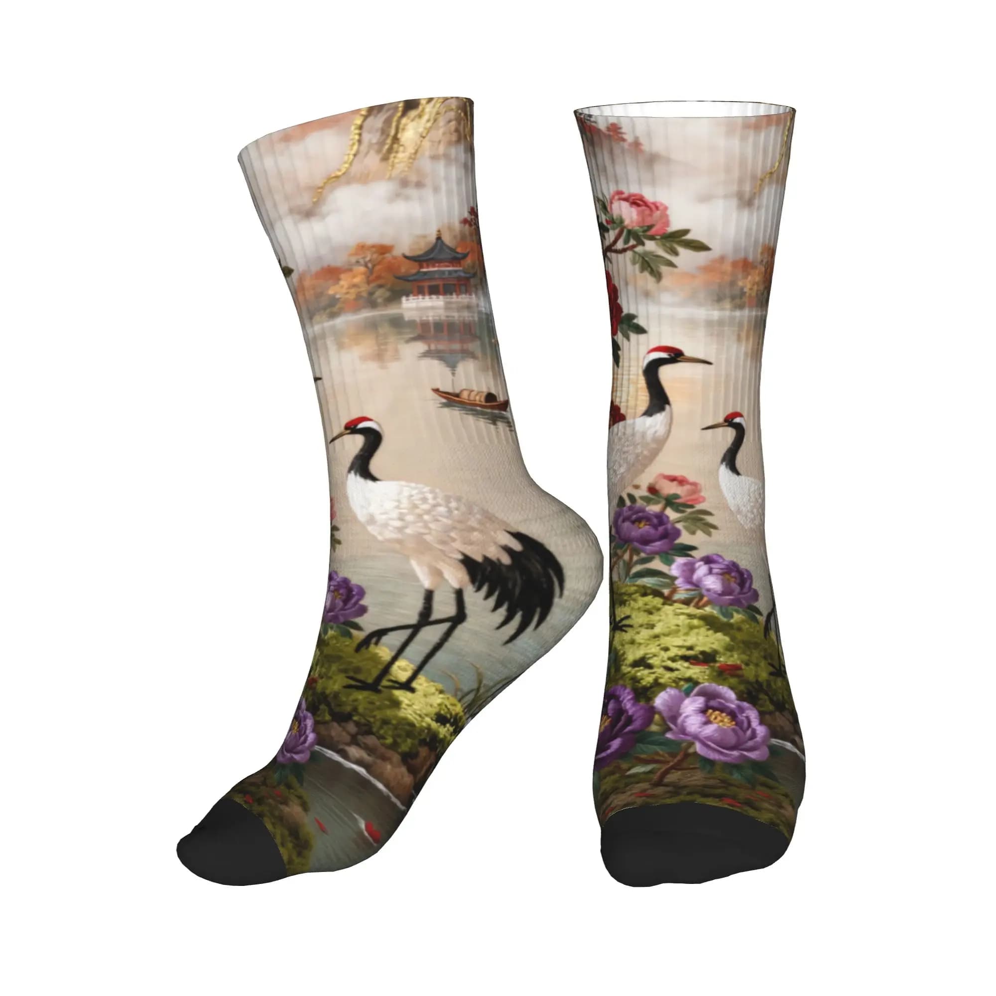 Funny Printing Embroidery Four Crane Peony Sunrise Socks for Men Women Stretchy Summer Autumn Winter Crew Socks