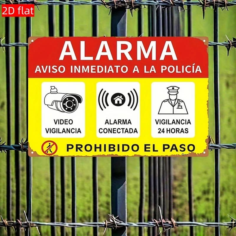 Cartello di Allarme in Metallo Stile Spagnolo con Avviso di Videosorveglianza e Telecamera di Sicurezza - "ALARMA, Video Vigilanza, Allarme Connesso"