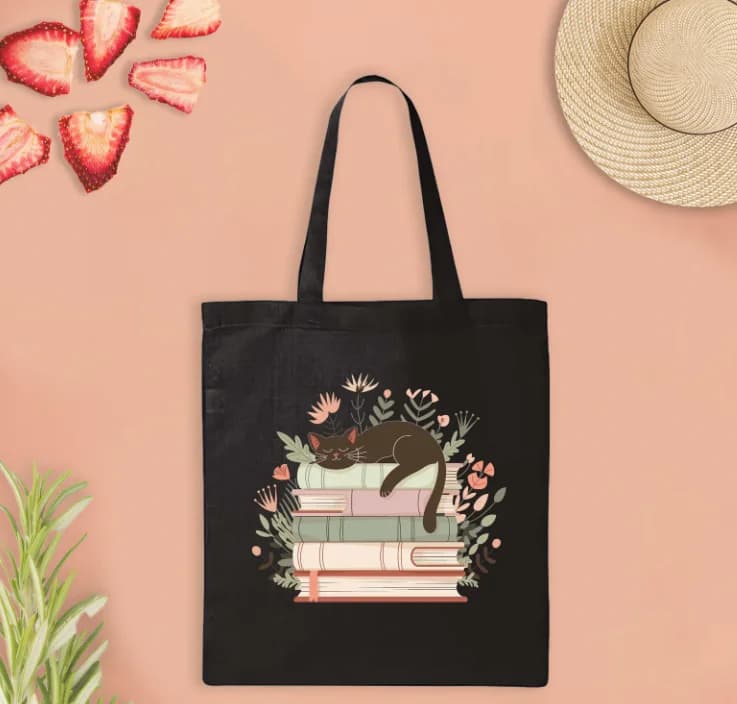 Borsa tote floreale con gatto e libro, versatile, minimalista, in tela, da uomo e da donna, casual, riutilizzabile, per la spesa