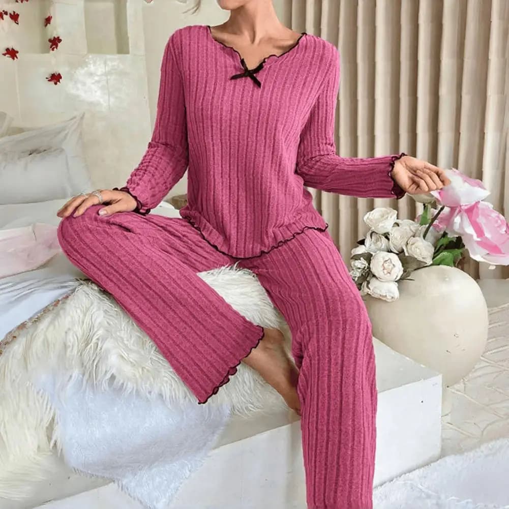 Pigiama da donna due pezzi per casa, set pigiama da donna con scollo a V, maniche lunghe, top con finiture in pizzo e pantaloni lunghi, completo pigiama a costine 80%