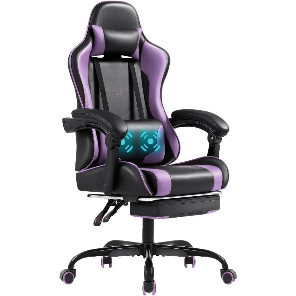Sedia da gaming con poggiapiedi e supporto lombare per massaggi, sedie per computer, sedile da corsa video regolabile in altezza con 360° ° Girare