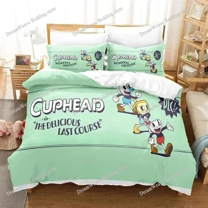 Set di Biancheria da Letto Cuphead, Disponibile in Varie Misure, per Adulti e Bambini, Set Copripiumino e Lenzuola con Stampa 3D del Gioco