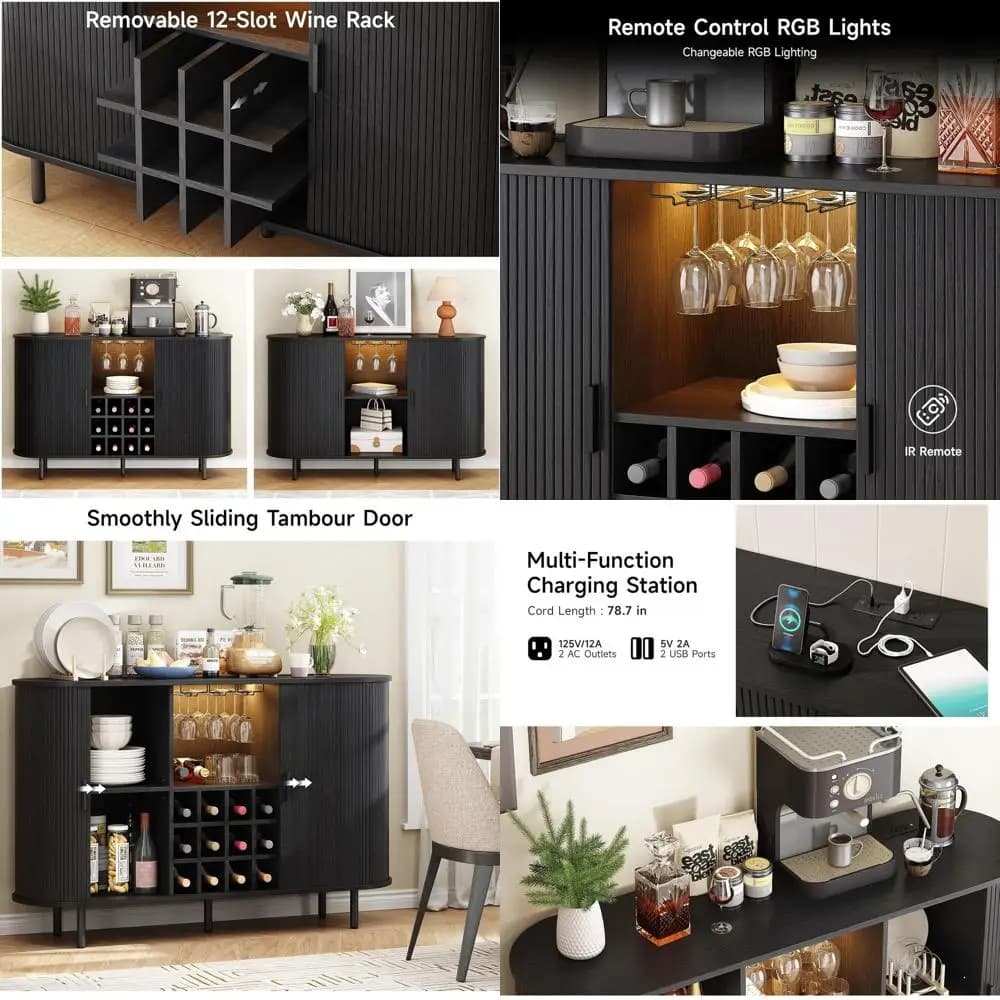 Mobiletto per Vini e Liquori Nero con 55 LED, Portabicchieri, Ideale per Bar Domestico o Ingresso