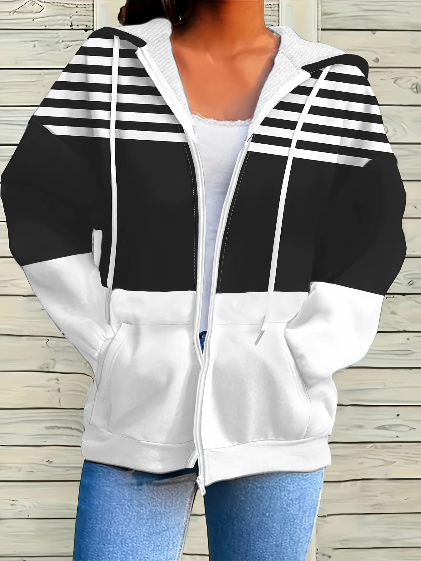 Stylish Plus Size Striped Zip-Up Hoodie for Cozy Casual Outfits