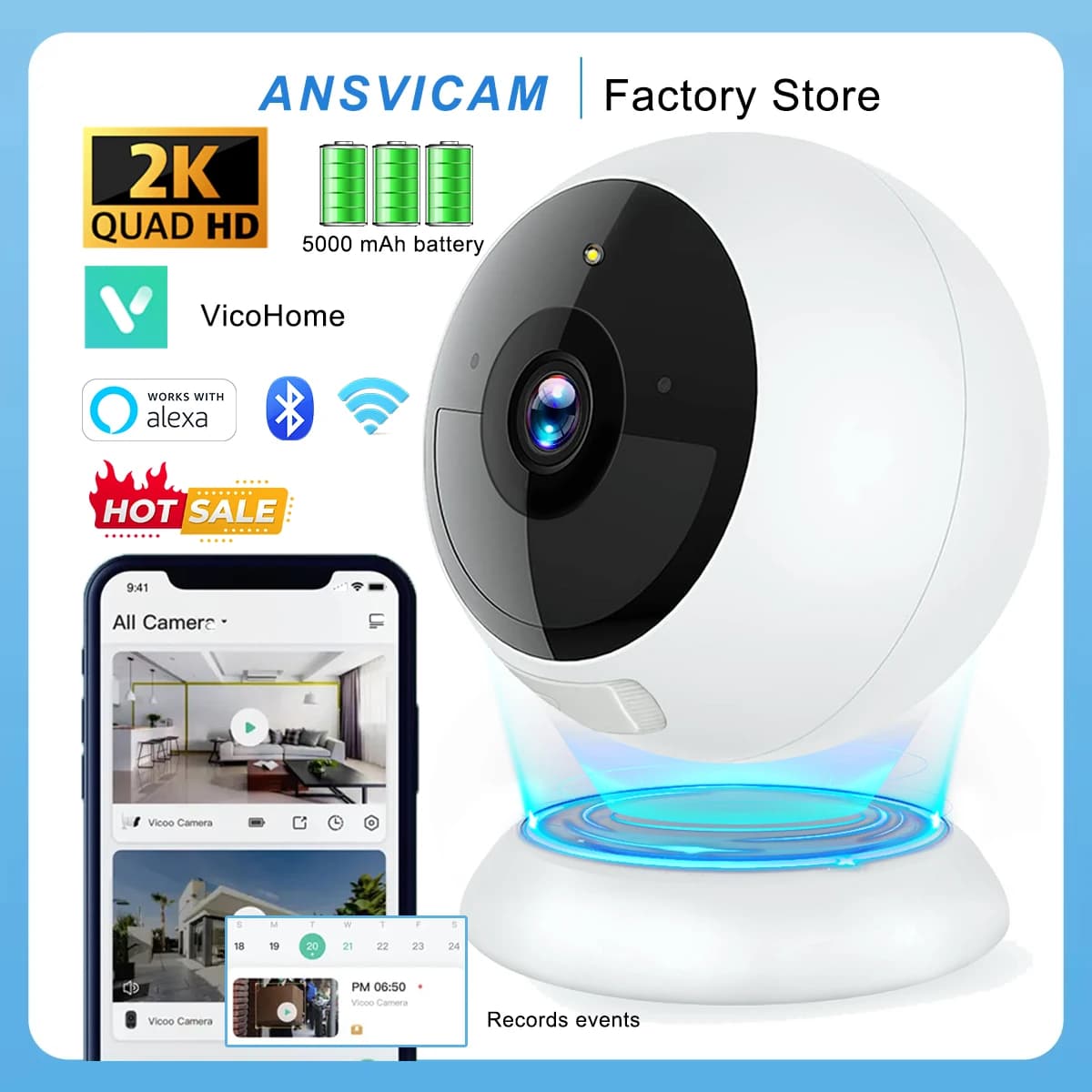 Telecamera Magnetica Wireless WiFi ANSVICAM 2K con Batteria Integrata, Rilevamento Movimento AI, Visione Notturna a Colori per Sorveglianza