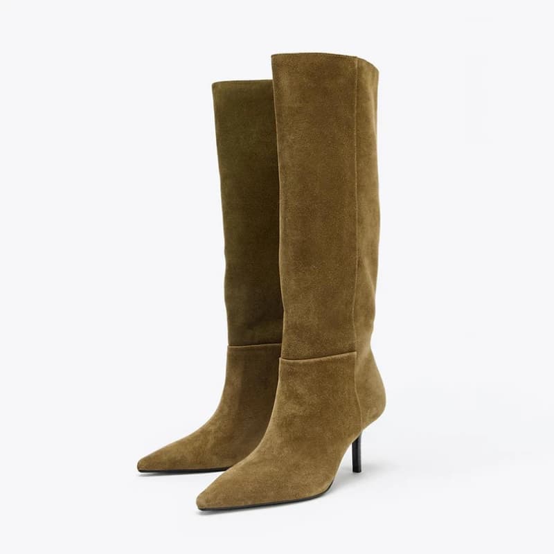2025 Women's Long Boots with Brand Cat Heel Retro Brown Suede Faceted Street Style Slim Fit Women's Shoes With Concise Design