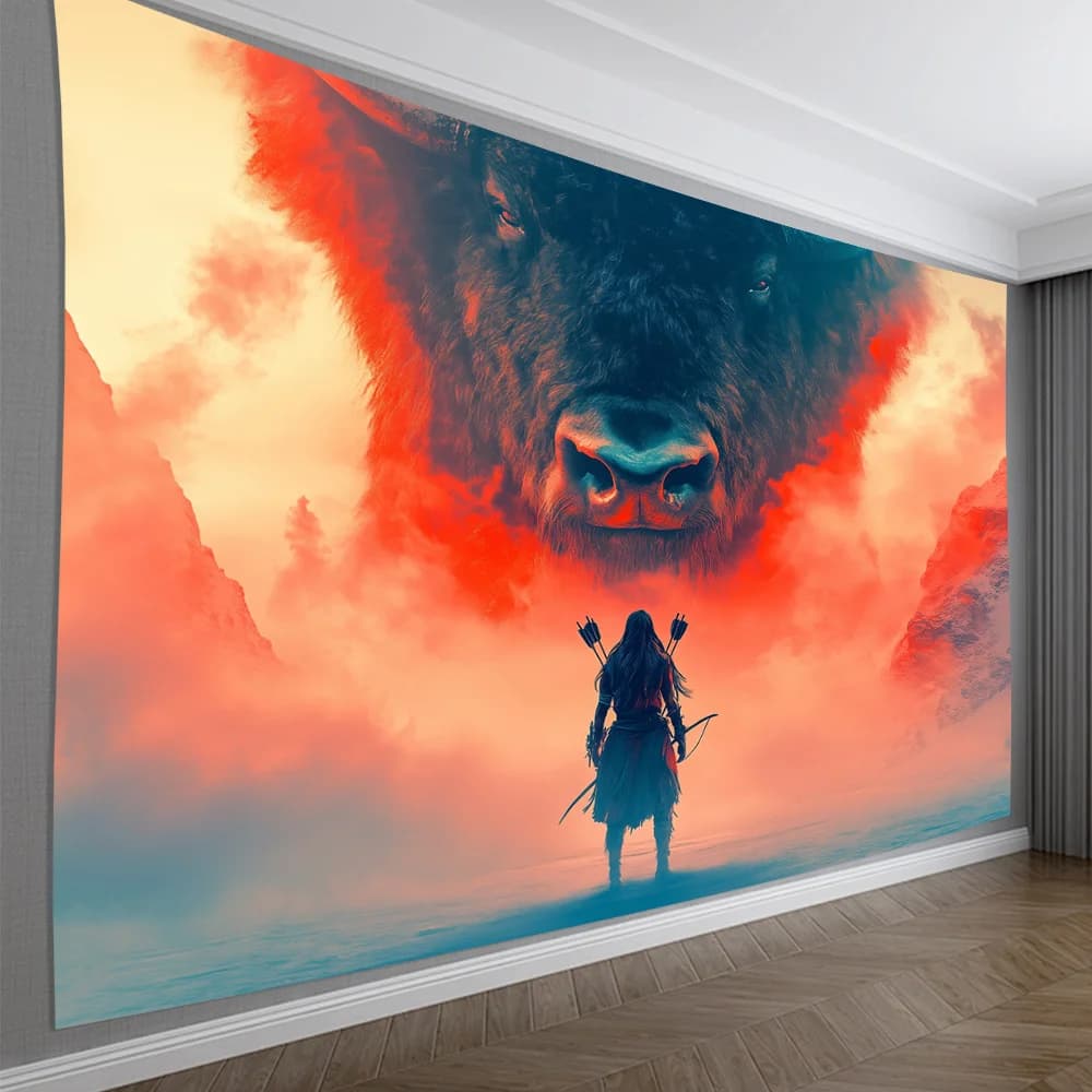 Majestic Hunter & Giant American Bison Wall Tapestry - Perfect for Living Room, Bedroom, Office Decor | Ideal Creative Gift