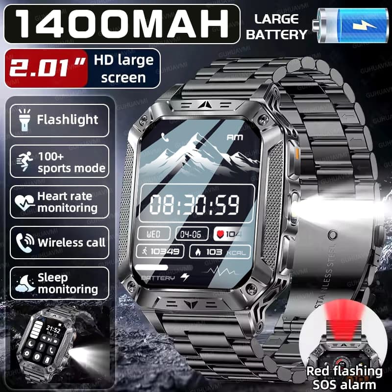 New Sports Military SmartWatch Men 1400 mAh Battery 2.01inch HD AMOLED Bluetooth Call Clock 5ATM Waterproof LED Flashlight Watch