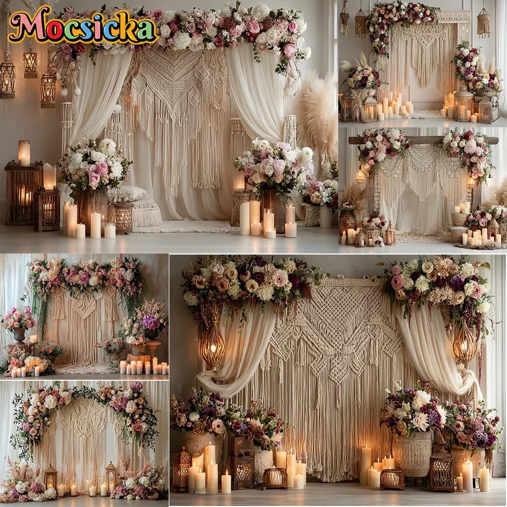 Sfondo fotografico Mocsicka, decorazione con tende a nappine floreali in stile boho, per baby shower, neonati, primo compleanno, sfondi per foto.