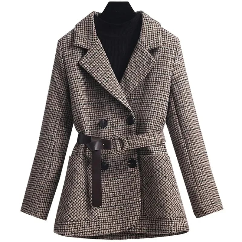 2026 Houndstooth Woolen Coats Women Autumn Winter Thicken Double-breasted Suit Jackets Belt Pocket Casual Blazers Lady Outerwear