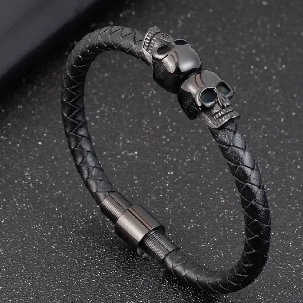 Bracciali da uomo Hyperbole in pelle intrecciata nera, bracciali in acciaio inossidabile con teschio, bracciali da uomo alla moda
