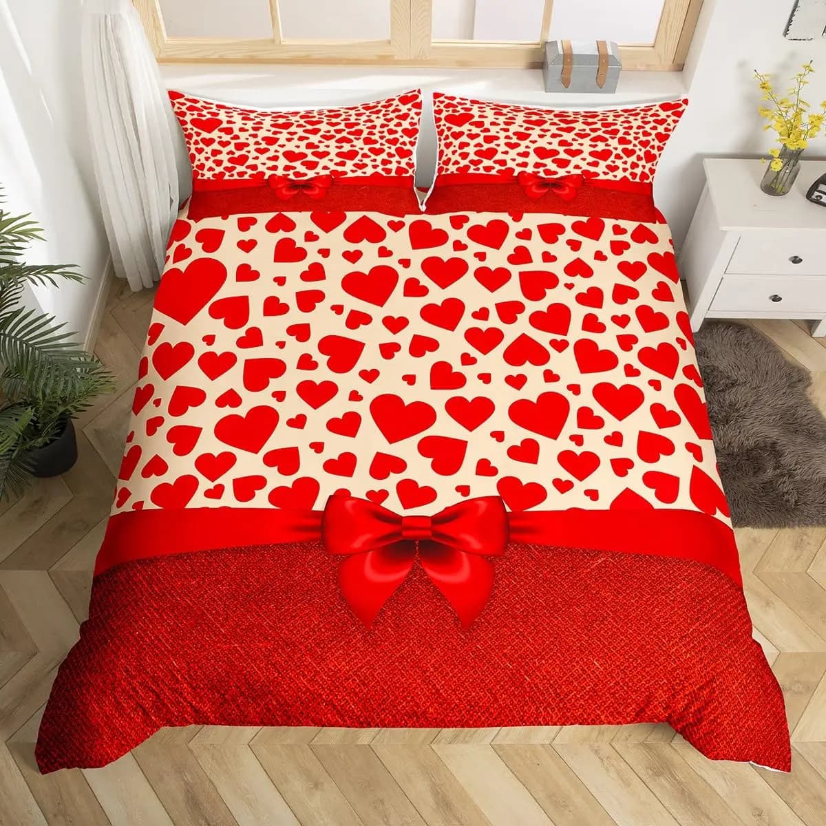 Copripiumino con cuore d'amore rosso per coppie, set di biancheria da letto romantico con fiocco Copripiumino con cuori amorevoli per San Valentino Copripiumino per matrimonio