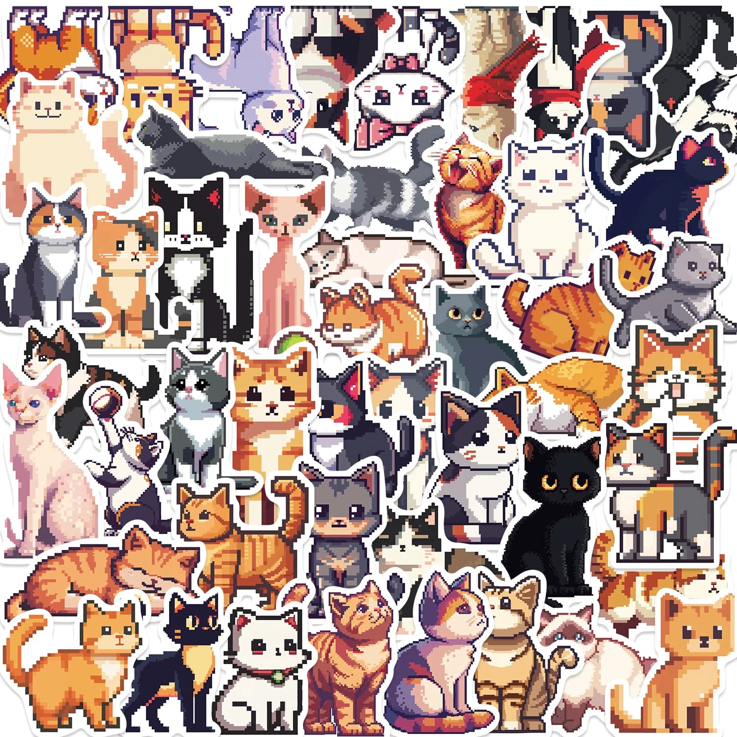 50pcs Cute Cartoon Pixel Cat Stickers Vinyl Laptop Decals For Water Bottle Luggage Notebook Waterproof Graffiti Sticker KIds Toy