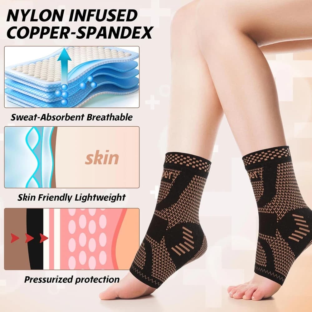 2 Pezzi Supporto per Caviglia in Rame, Fascia Compressiva per Donna e Uomo, Calzino di Supporto per Arco Plantare per Alleviare il Dolore, Fascite Plantare, Tendine d'Achille