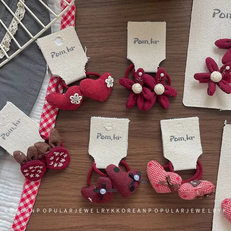 Korean Kids Hair Accessories New Red Heart Flower Plaid Sweet 2 Pcs New Year Bangs Side Clips Scrunchies