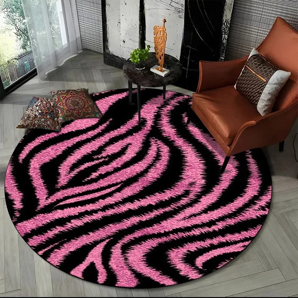 Tappeto rotondo con stampa a strisce zebrate rosa Modelli di pelle di animali Tappeto circolare Casa Soggiorno Camera da letto Dormitorio Decor Tappetino Tappetino per sedia