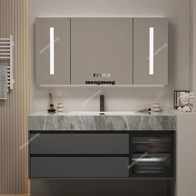 Mobile da bagno semplice con piastra in roccia Nordic Smart Storage Specchio multifunzione Vanity Combo Mobili da bagno Arredo Bagno