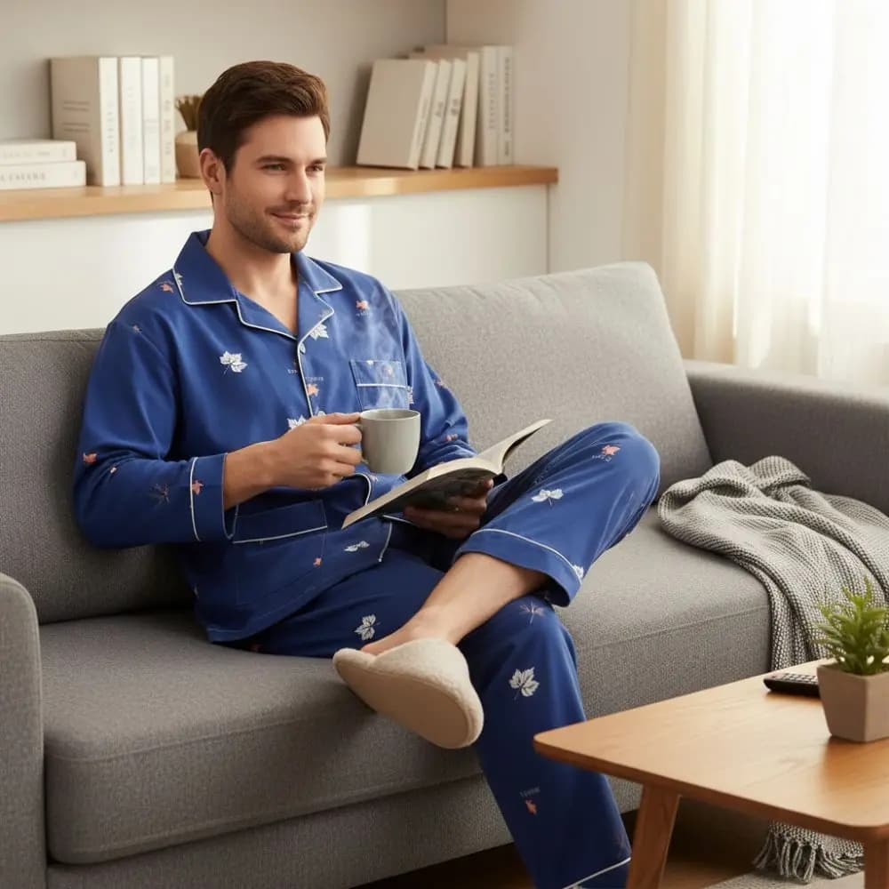 Pigiama da uomo semplice a maniche lunghe con pantaloni lunghi e bottoni, completo pigiama per coppia, morbido e traspirante, abbigliamento da casa