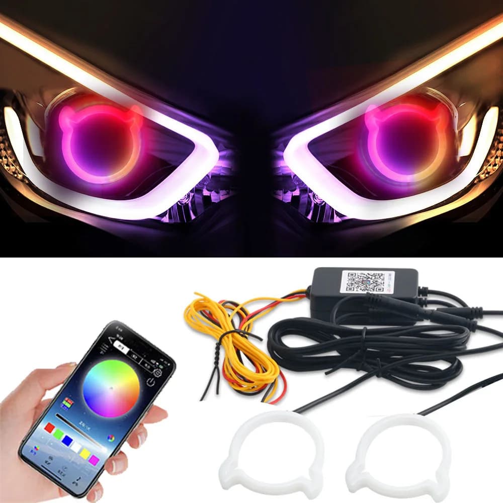 2 Pezzi Anelli Luminosi RGB a LED 12V per Auto e Moto, Fari Angel Eyes con Luce di Svolta Ambra a Forma di Faccia d'Orso