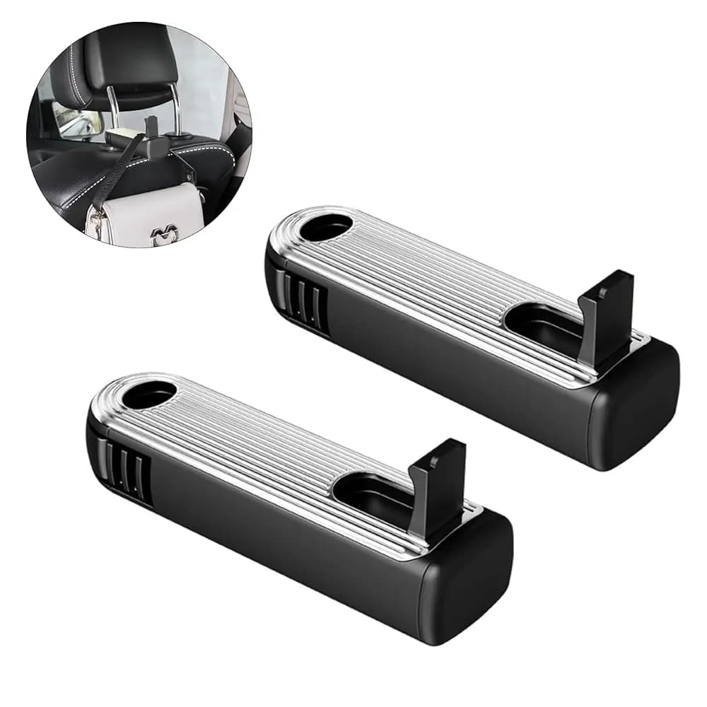 Ganci per poggiatesta auto con spedizione gratuita, 2 in 1 con supporto per telefono, rotazione a 360° per borse, borsette e generi alimentari (Argento - 2 pezzi)