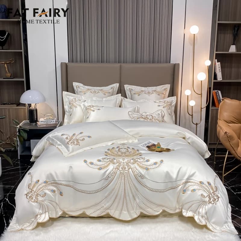 Set di biancheria da letto di lusso con ricamo di piume dorate in cotone egiziano champagne/giallo chiaro patchwork copripiumino lenzuolo federe set di biancheria da letto