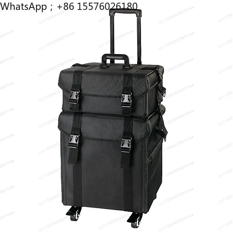 Black Professional Makeup Rolling Trolley Storage Box with Removable Top Box 2-in-1 Nylon Vanity Case with Wheels