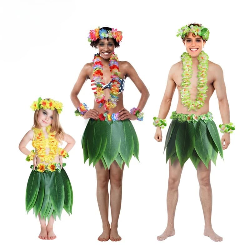 Set Costume per Festa Luau Tropicale con Gonna di Paglia Hawaiana e Ghirlanda di Fiori per Bambini e Adulti, Outfit per Spettacoli Hula