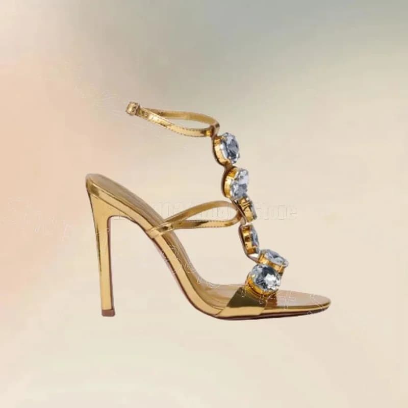 Sandali Donna con Tacco Aperto e Cinturino con Fibbia, Decorazioni in Cristallo Dorato, Tacco Sottile, Nuovi per Feste e Banchetti 2026 - Zapatos Para Mujeres