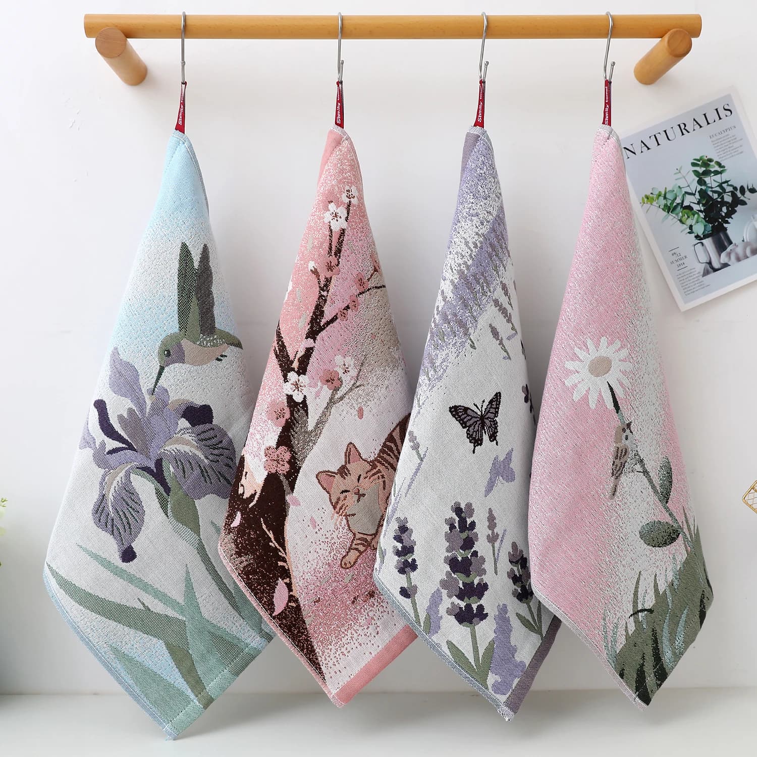 4 pezzi, asciugamano quadrato in filato di cotone con motivo floreale a tema gatto, 34*40 cm, ad asciugatura rapida e assorbente