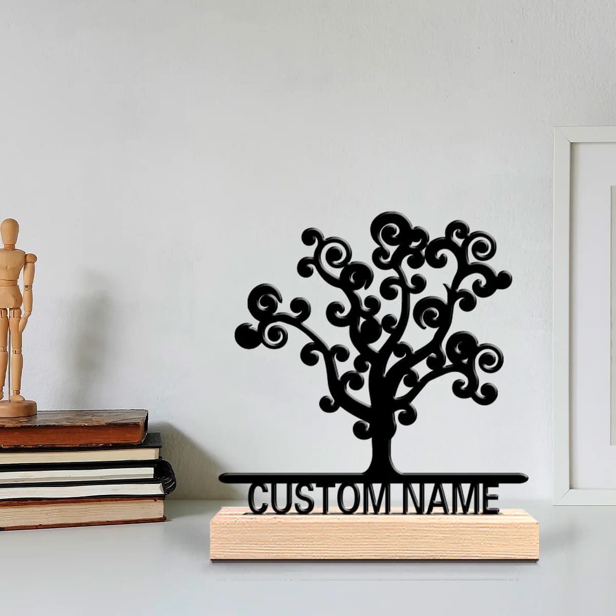 Statua in Metallo Personalizzata con Albero della Vita, Base in Legno, Decorazione da Tavolo, Arte da Scrivania con Base in Legno