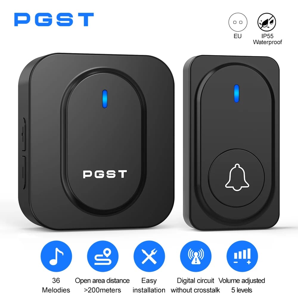 Campanello Wireless PGST con 36 Suonerie, Luce LED, Allarme di Sicurezza Domestica, Pulsante Esterno Impermeabile, Facile Installazione Fai-da-Te