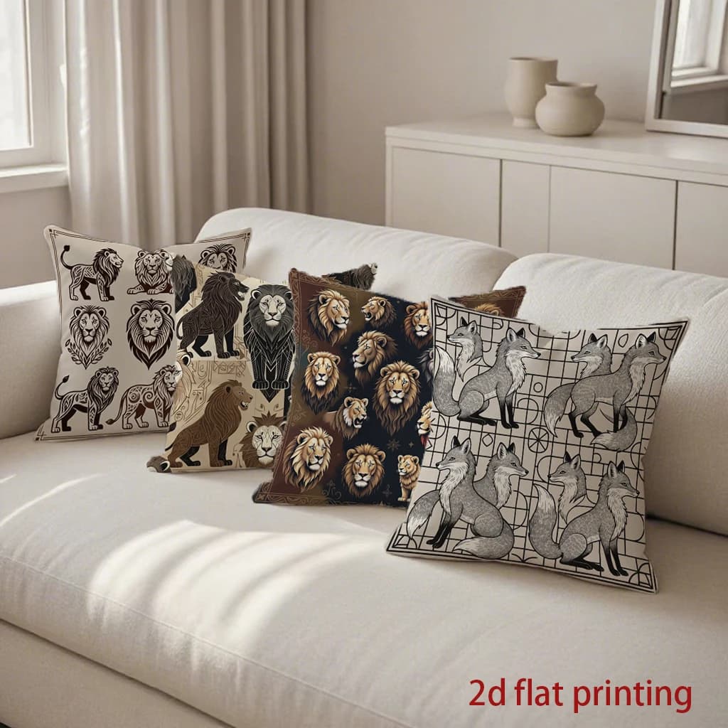 2D wild animal cushions: lions and foxes, suitable for sofa, bedroom, car