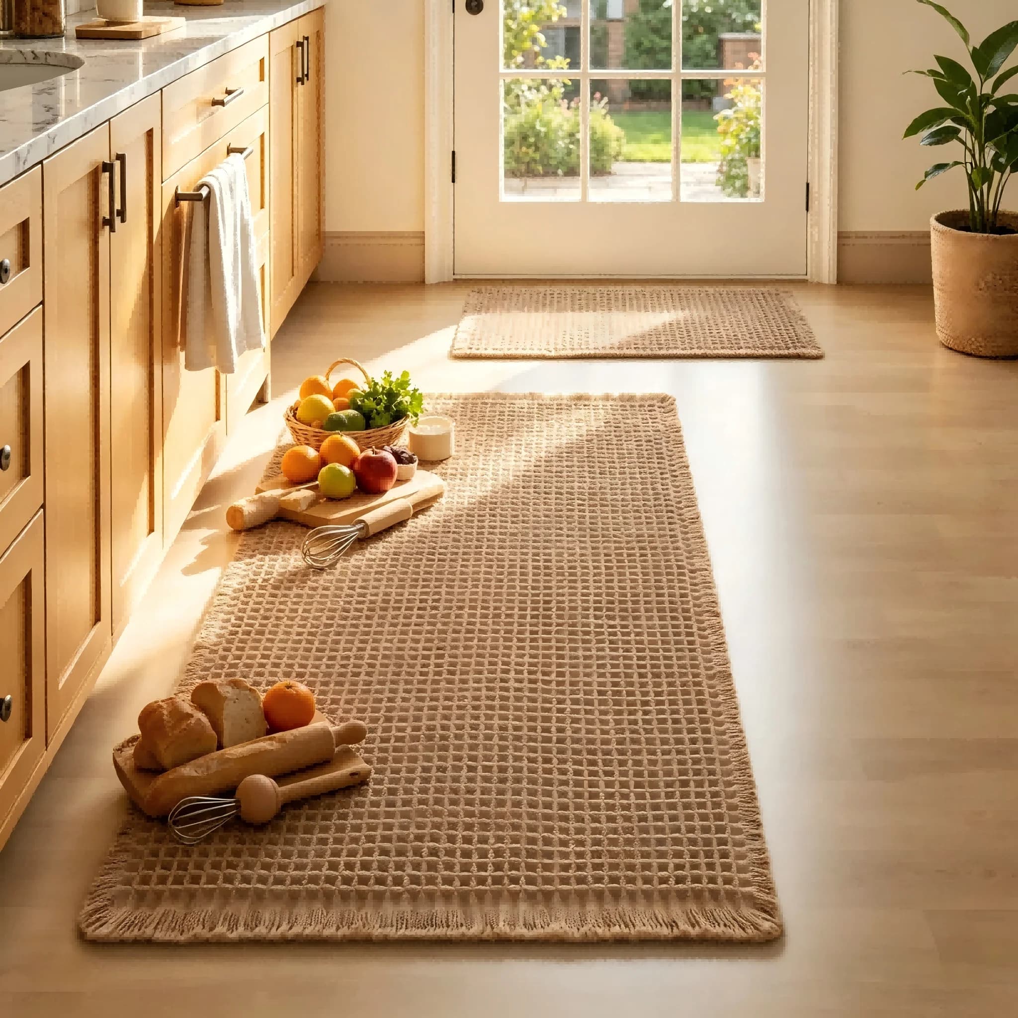 Tappetino da Bagno Boho in Tessuto Waffle con Nappe, Super Assorbente, Antiscivolo, Lavabile in Lavatrice, Tappeto per Doccia Marrone