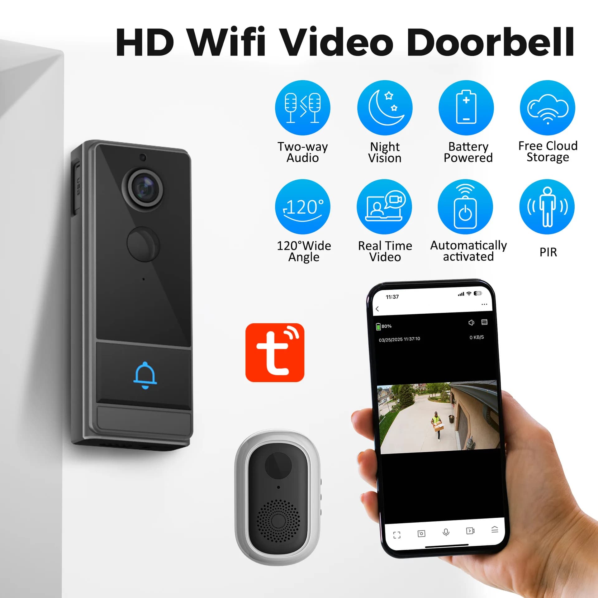 Tuya Smart Campanello senza fili esterno Telecamera impermeabile 1080P con spioncino video e videocitofono con rilevamento del movimento