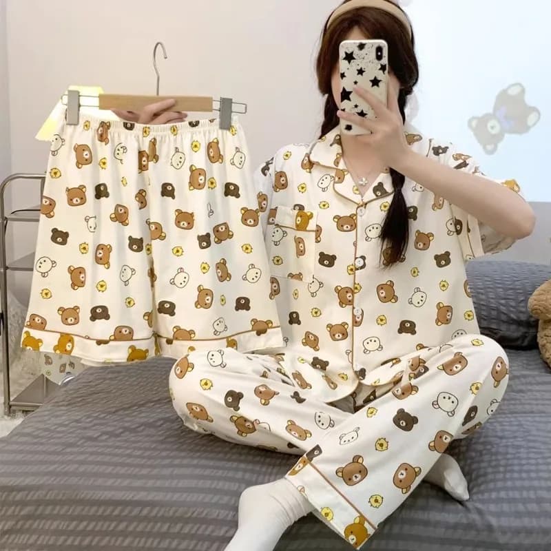 Rilakkuma pajamas summer short-sleeved cute cartoon home clothes three-piece set that can be worn outside