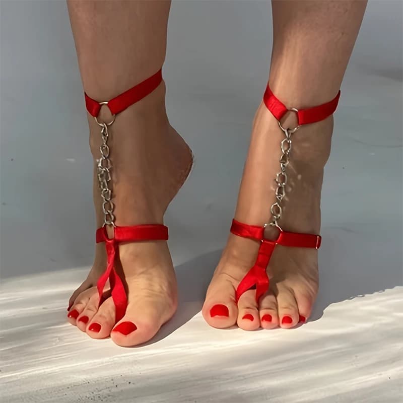 Cavigliera a catena gotica nera con fascia elastica, braccialetto per caviglia, sandali estivi da donna per tacchi alti, cinturino per piede a piedi nudi per ballo di fine anno