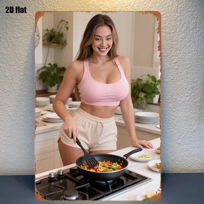 1pc Metal Sign Depicting a Kitchen Cooking Scene: a Woman Stir-Frying with a Black Frying Pan And Wearing a Pink Tank Top. The B