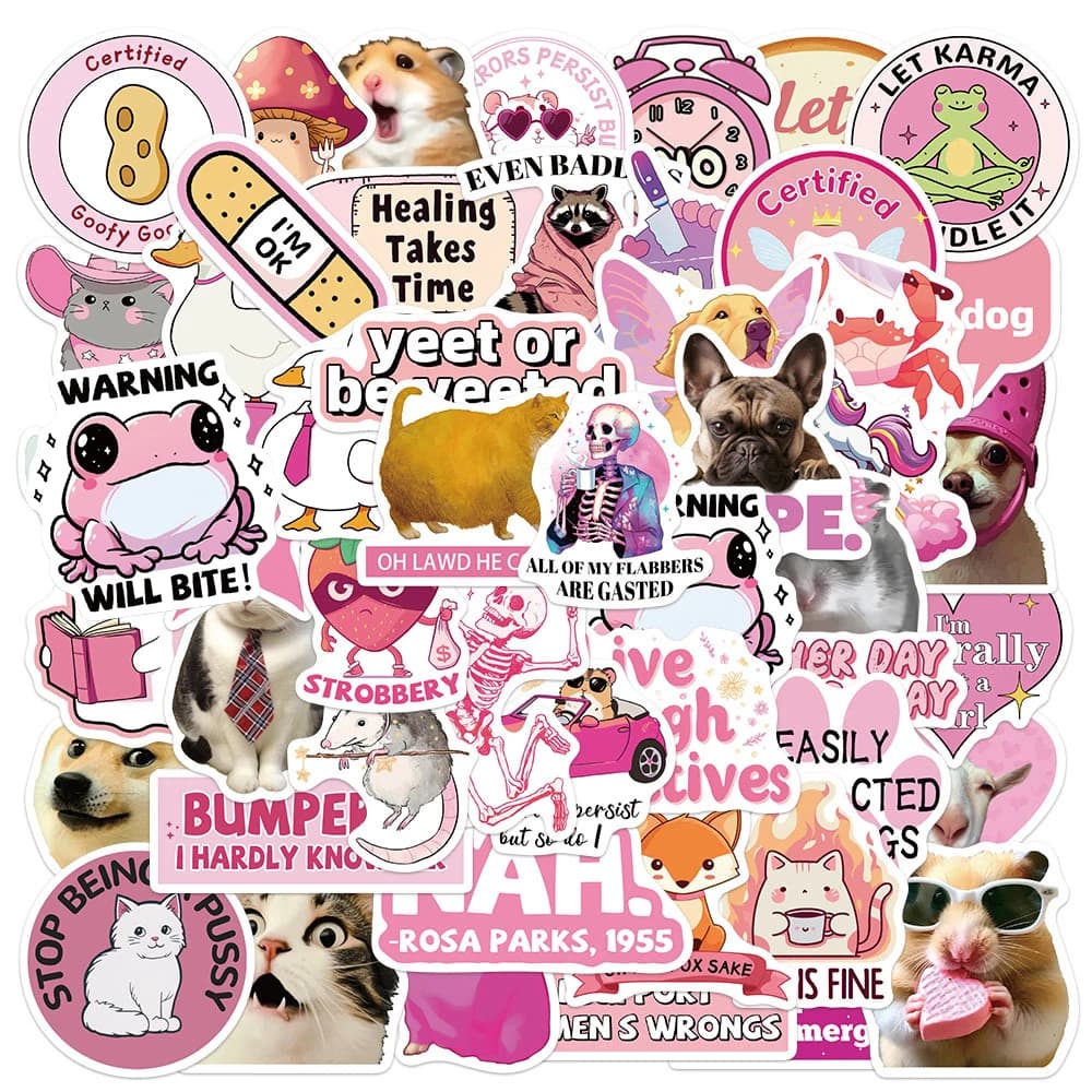 10/30/50 Pezzi Adesivi Rosa Divertenti con Meme e Graffiti, Simpatici Adesivi Cartoon di Animali, Gatti e Cani per Bottiglie d'Acqua, Telefoni, Quaderni, Decorazioni