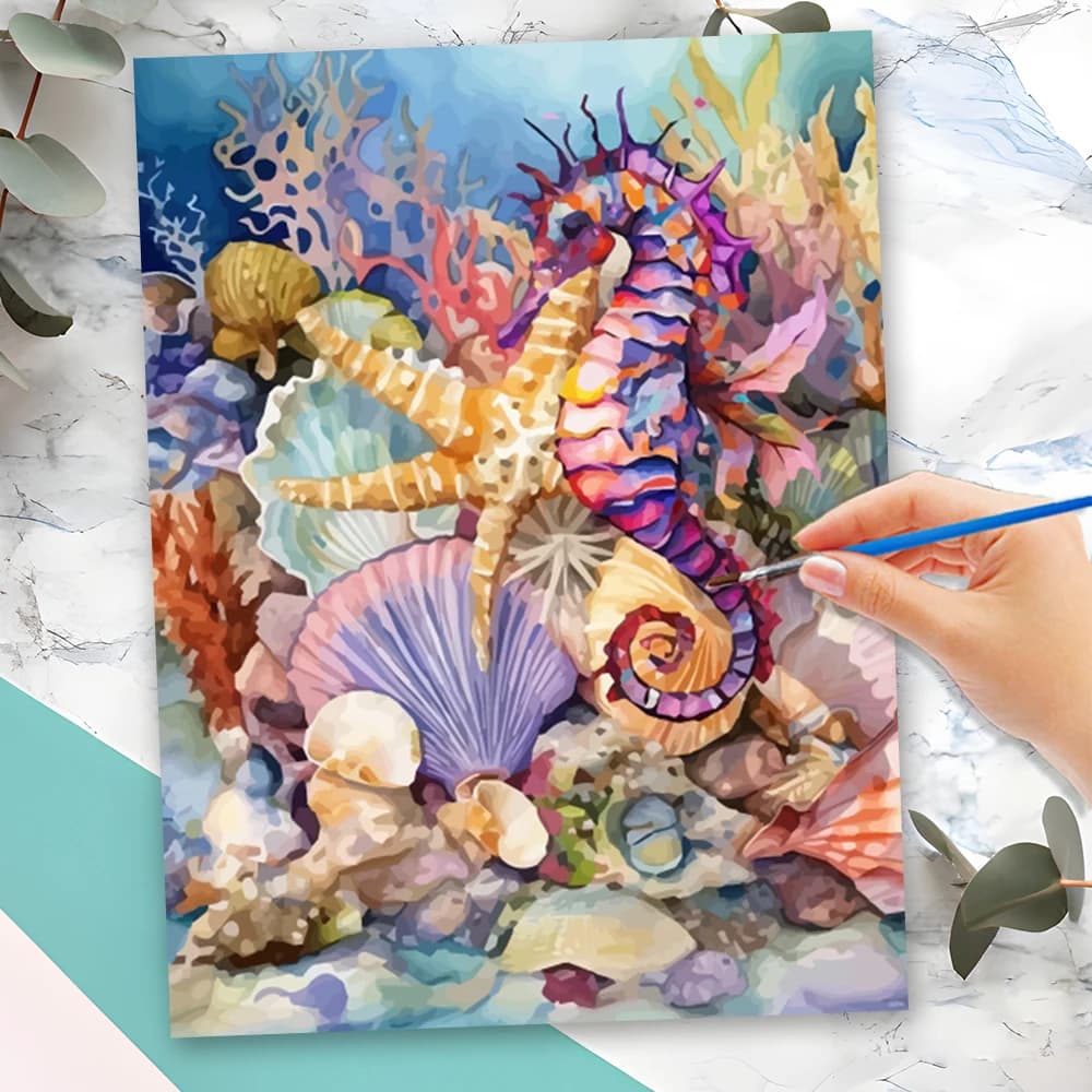 Kit Pittura Cavalluccio Marino Momoart per Adulti, Quadro Fai da Te su Tela con Animali, Stampa con Cornice di Stelle Marine e Conchiglie per Soggiorno e Arredamento Casa