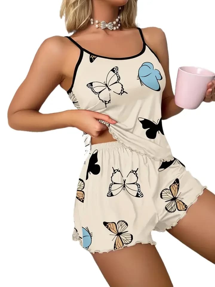 Set Pigiama con Stampa a Farfalla, Top con Bordo Ondulato e Pantaloncini con Elastico in Vita, Abbigliamento da Notte e Loungewear per Donne 200574005