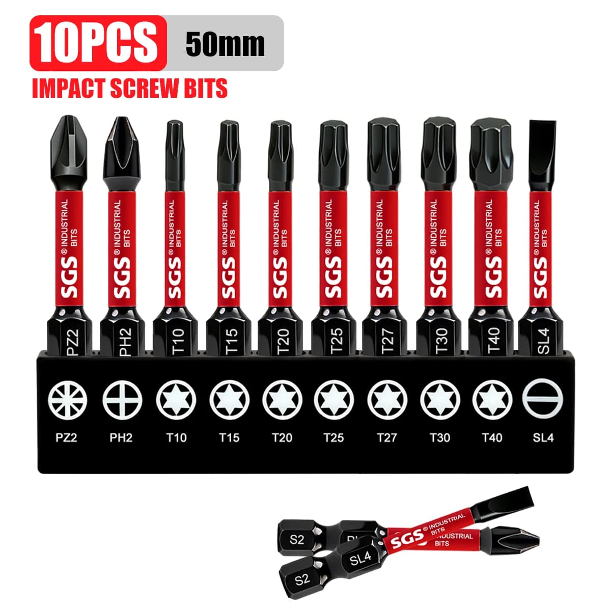 Set da 10 pezzi di punte per cacciavite miste Phillips / a forma di Phillips / Torx / a testa piatta, 50 mm, acciaio S2 di grado industriale, kit di riparazione universale ad alta durezza per avvitatori a impulsi