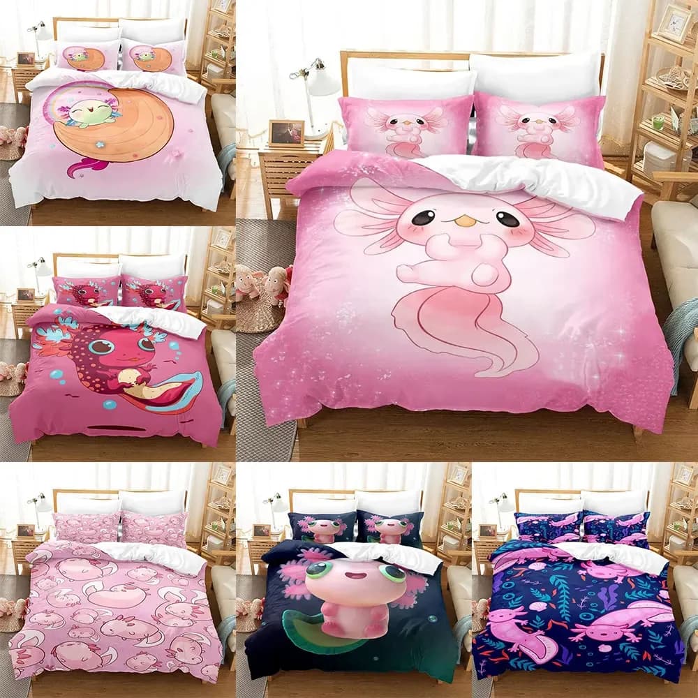 Kawaii Animal Axolotl Bedding Set Bed Cover Adult Kid Bedroom Decor Duvet Cover Pillow Case Set Single Twin Full Queen King Size