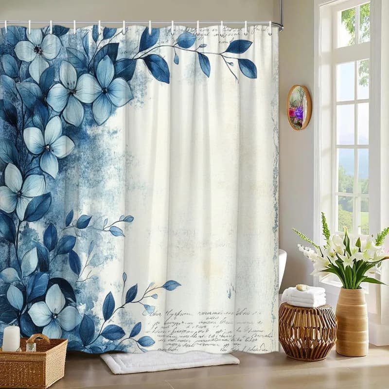 1 tenda da doccia floreale vintage, fiori blu e bianchi, foglie allungate, sfondo strutturato, con ganci, tessuto poliestere