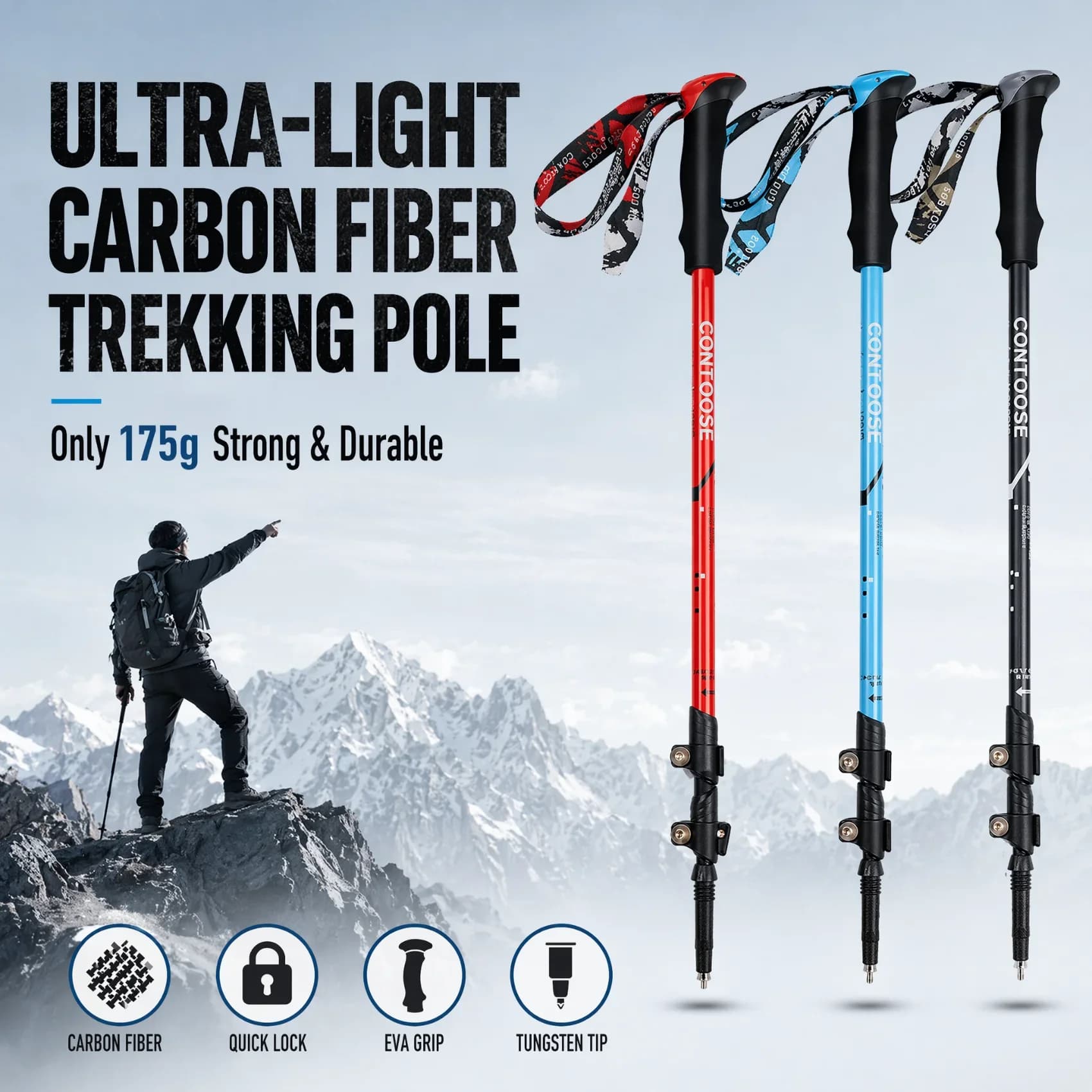 Ultralight Carbon Fiber Trekking Poles, Folding 3-Section, 65-135cm Adjustable, EVA Grip, Tungsten Carbide Tip, Hiking Stick