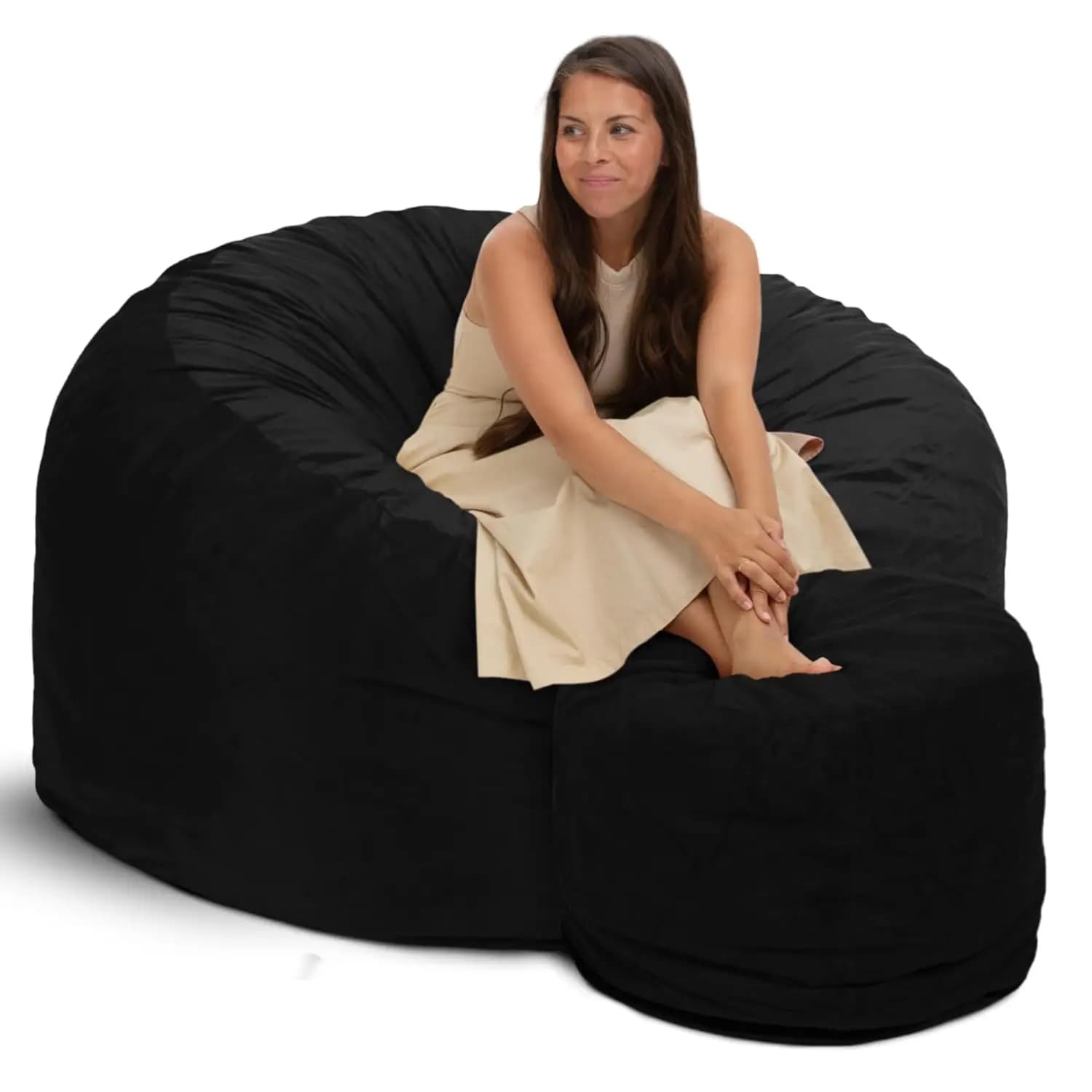 Poltrona Sacco da 150 cm con Poggiapiedi in Camoscio Nero, Divano Letto Oversize in Schiuma per Soggiorno, Gaming, Lettura, Personalizzabile