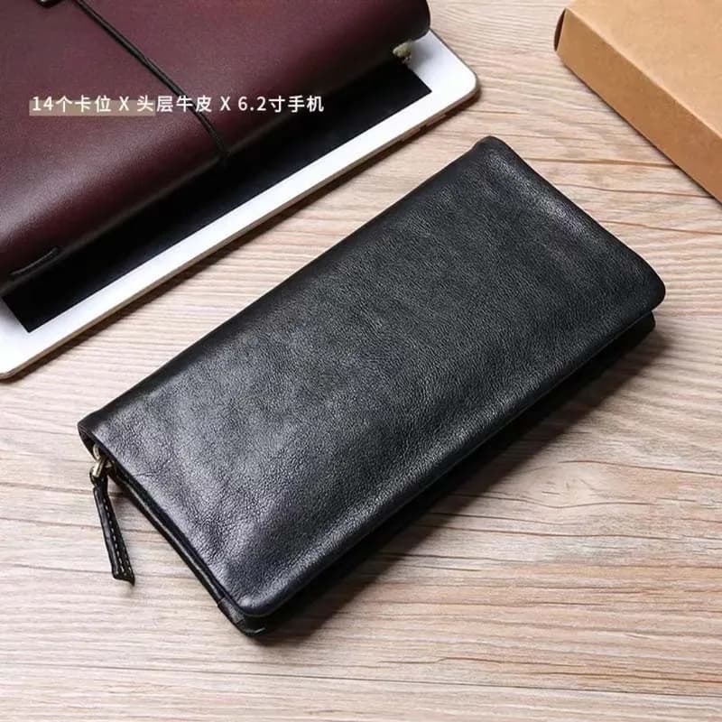 Genuine leather retro men's wallet, top layer cowhide, long zipper, large capacity card bag, casual and fashionable handbag