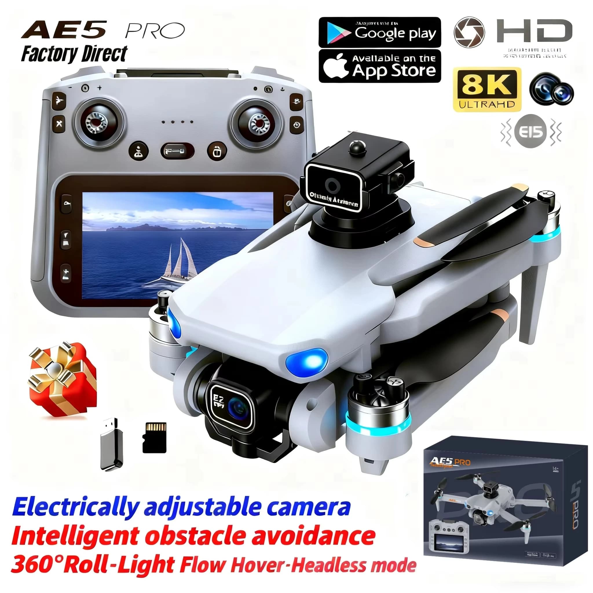 Original remote control AE5Pro Mini HD camera with smart screen to avoid obstacles Quadcopter brushless motor Dron New toy