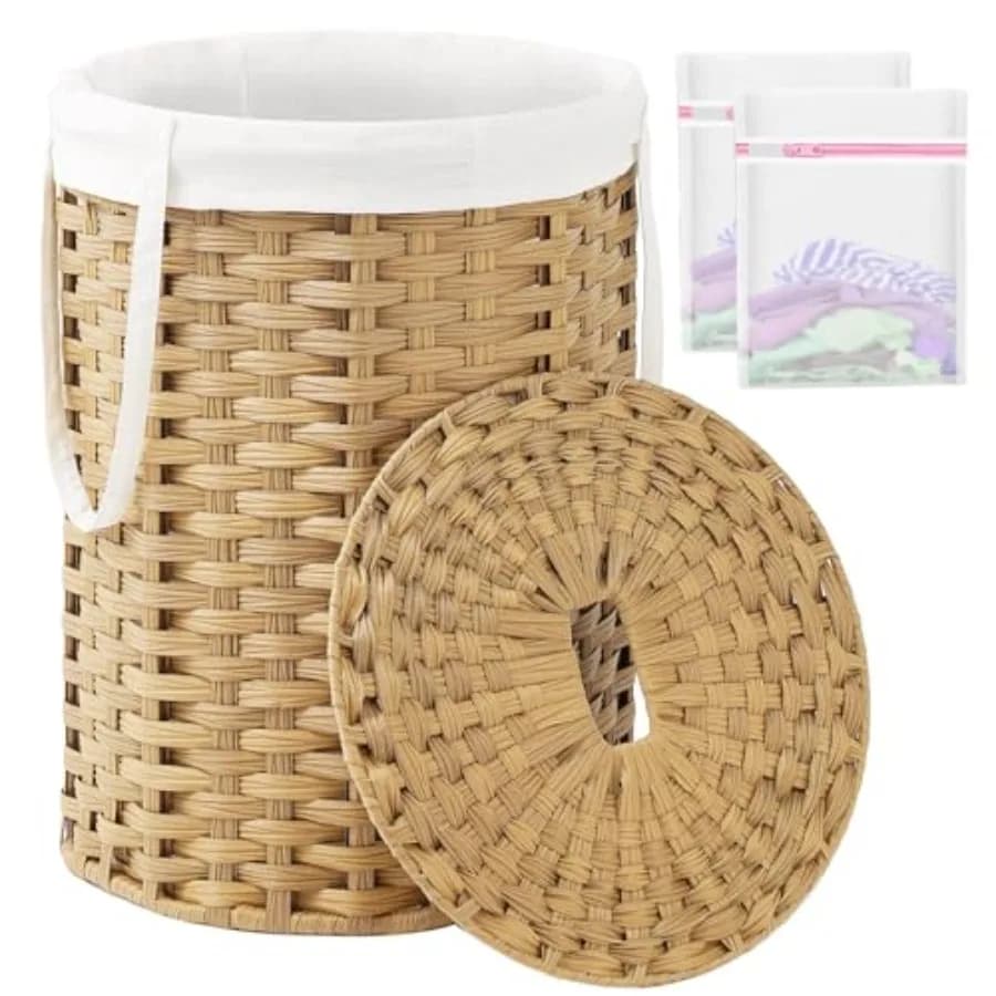 Laundry Hamper with Lid Laundry Basket with Lid 19.0 Gal 72 L Round Wicker Laundry Basket Handwoven Rattan Hamper Removable Bag