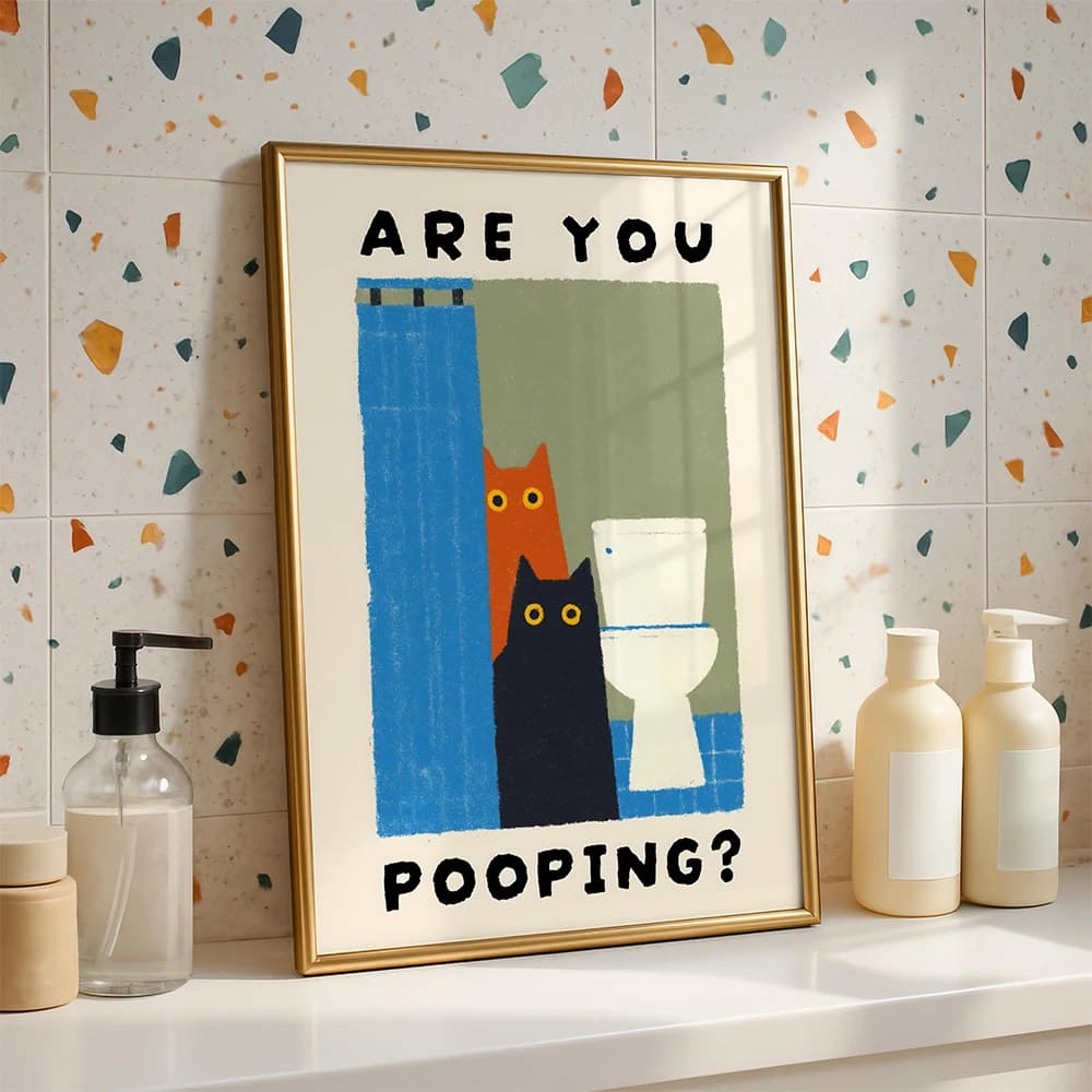 Poster Divertenti con Gatto Curioso 'Stai Faiendo il Bagno?' Stampa su Tela per Decorazione Bagno e Toilette Senza Cornice
