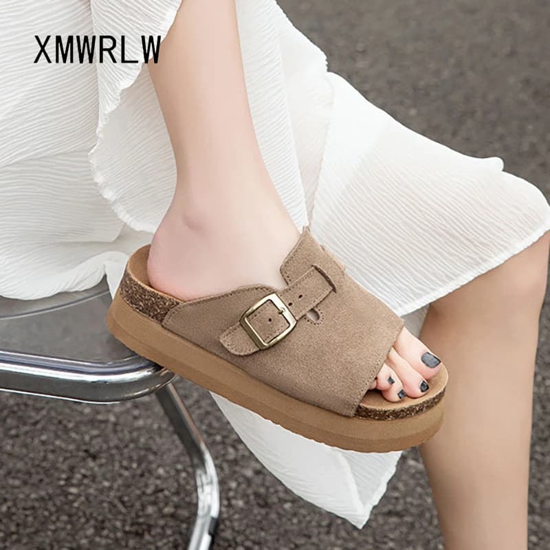 XMWRLW 2025 Summer Women's Slippers Genuine Leather Fashion High Heels Female Summer Slippers Women Platform Shoes Slipper